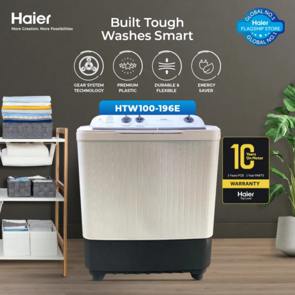 Haier HTW100-196E 10kg Twin Tub Washing Machine – Semi Automatic Washer & Spinner | Large Capacity, Energy Efficient, Heavy Duty