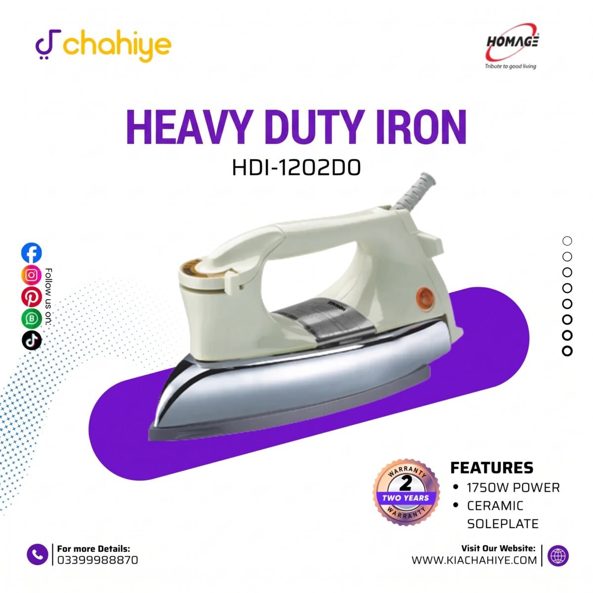 Homage 1200W HDI-1202D0 Premium Heavy Duty Iron Homage 1200W HDI-1202D0 Premium Heavy Duty Iron